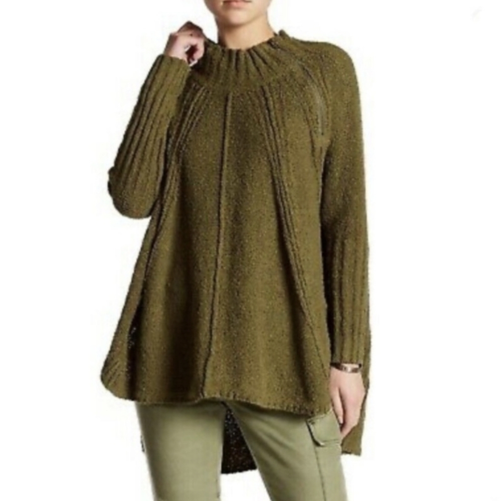Free People Womens Spin Around Poncho Sweater Mock Neck Nubby Knit Moss Green